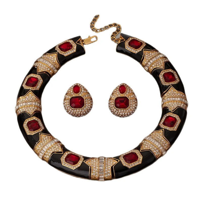 

Luxury Retro Black & Red Jewelry Set Necklace Earrings Elegant Women Bridal Wedding Party Dinner Jewelry