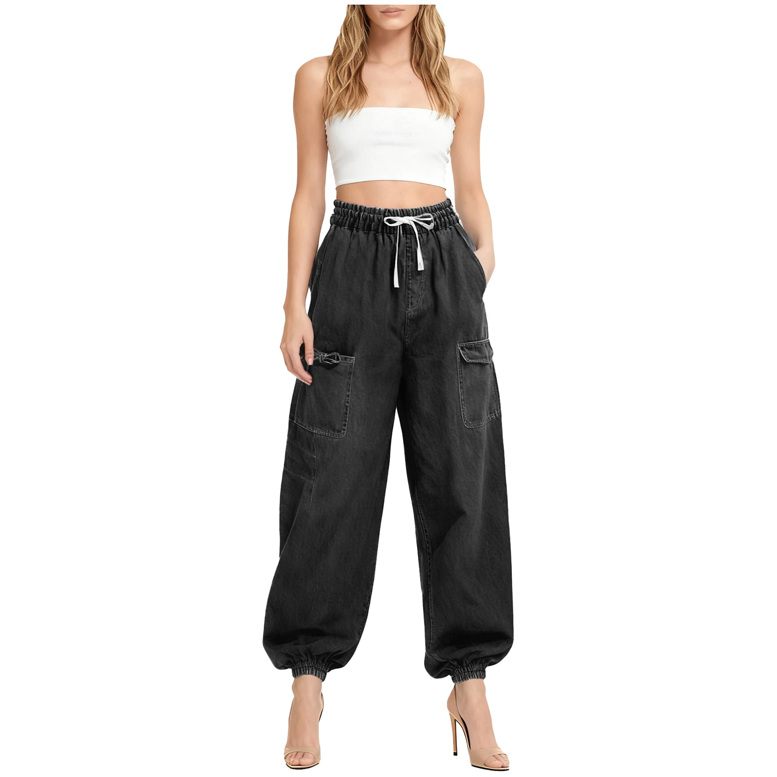 Calça jeans feminina elegante e folgada, vários bolsos, cintura elástica com cordão, calça jogger, calça longa jeans para uso diário casual