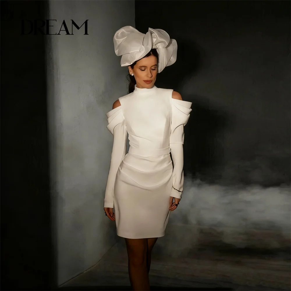 

DREAM Modern Short Sheath Wedding Dress 2025 High Collar Long Sleeves Pleat Zipper Back Bridal Gown Vestidos De Noiva Customized