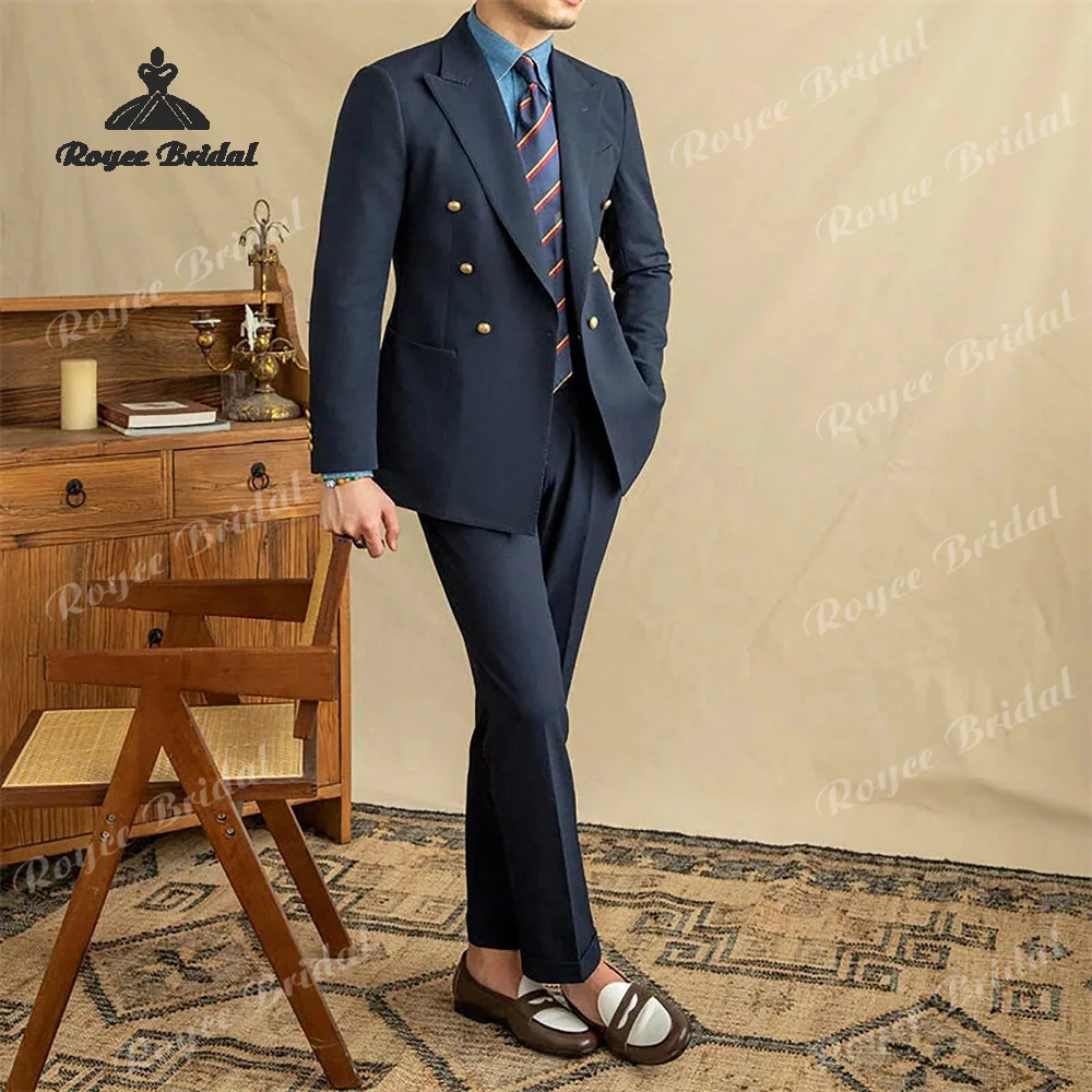 الأزرق الداكن قطعتين مزدوجة الصدر الرجال دعوى الزفاف 2026 الذروة التلبيب مساء بدلة عمل مخصص trajes الفقرة hombre #2