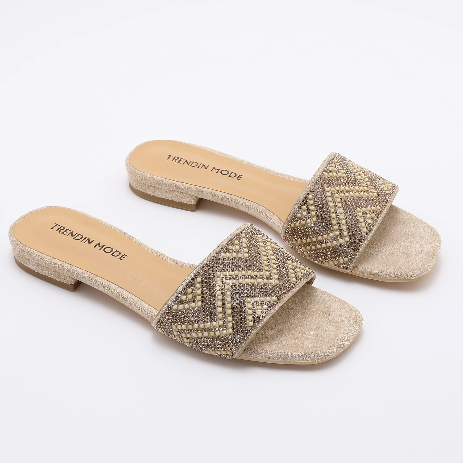 

TRENDIN MODE Beaded Slides - Neutral Open-Toe Low Block Heel Mules for Women