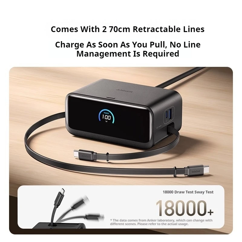 ANKER Nano 100W Desktop Charger Multi-Port Fast Charger with Built-in Display Retractable Cable Mobile Phone Accessories Laptop
