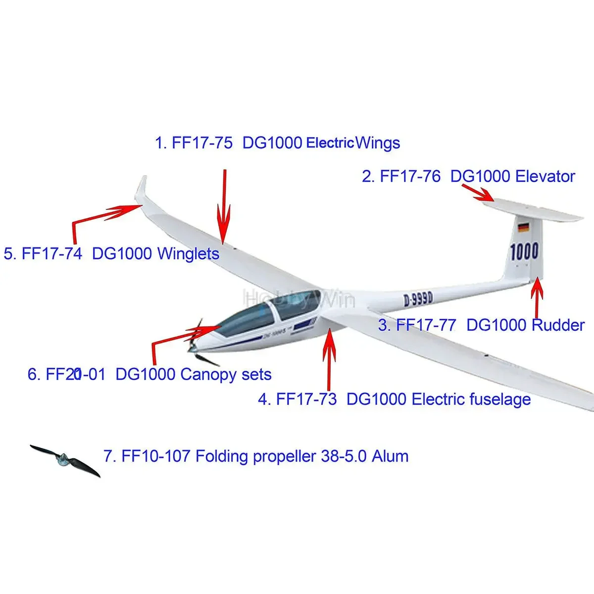 

FlyFly Glider DG1000 RC Sailplane запасные части Стекловолоконный фюзеляж деревянные крылья