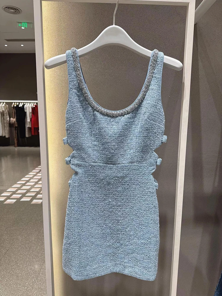 

Элегантное женское платье-жилет с узлом и стразами, во французском стиле, с завышенной талией, вязаное, короткое, А-силуэт, с открытой спиной