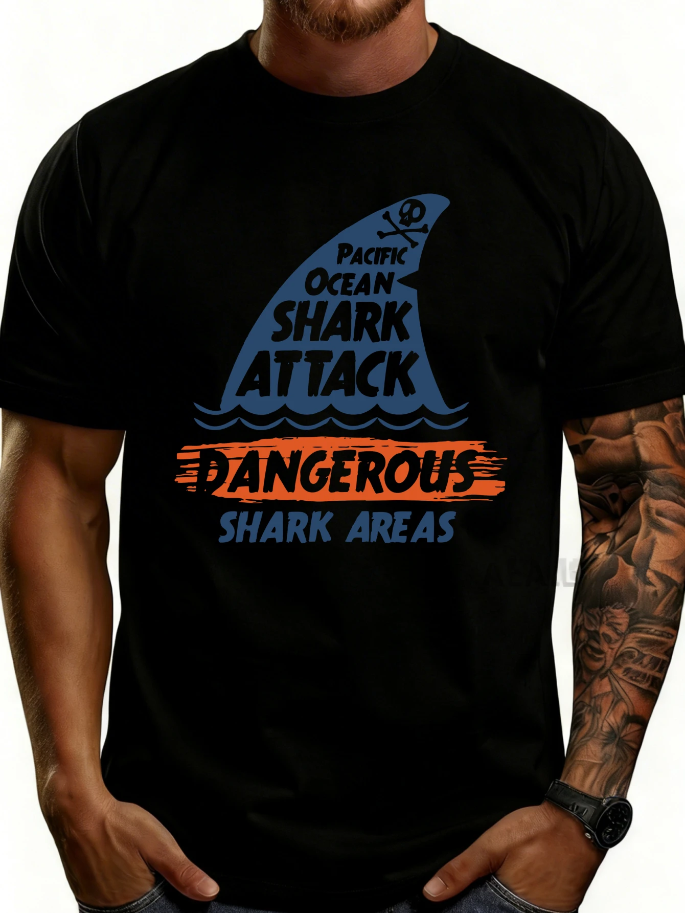 Men's Graphic T-Shirt - Breathable, Soft, Lightweight - Pacific Shark Attack Dangerous Shark Area - Vintage Fun Graphic Casual Short Sleeve Summer Top, Gift for Him
