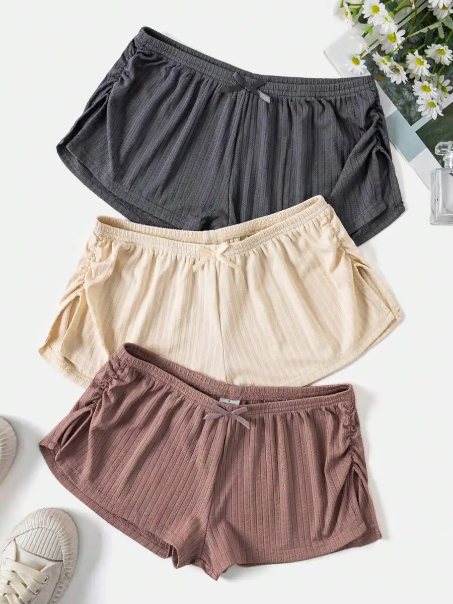 

3pcs Women Solid Color Bow Decorated Sleep Shorts