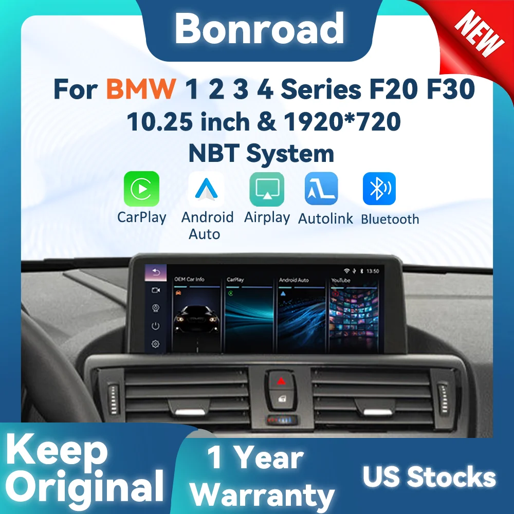 BONROAD 10.25 inch Wireless CarPlay Android Auto Airplay Autolink Mirroring Linux Audio Car Radio With Youtube For BMW 1 Series F20 F22 F23 3 Series F30 F31 F32 F33 F34 F36 GPS Navigation Multimedia Car Stereo Display Touch Screen