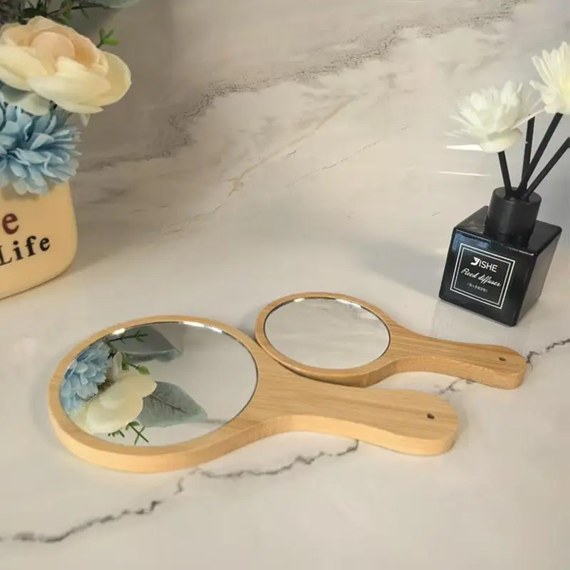 （Summer6）Portable Bamboo Makeup Mirror Handmade Handle Round Cosmetic Mirror With Handle Personal Vanity Handheld Mirror