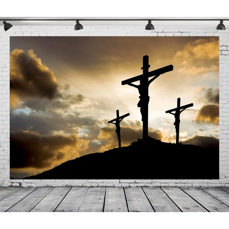 1 artículo, diseño plano 2D, fondo con la cruz de Jesucristo, tres cruces en una montaña, cristianismo, decoración para eventos de iglesia, ws