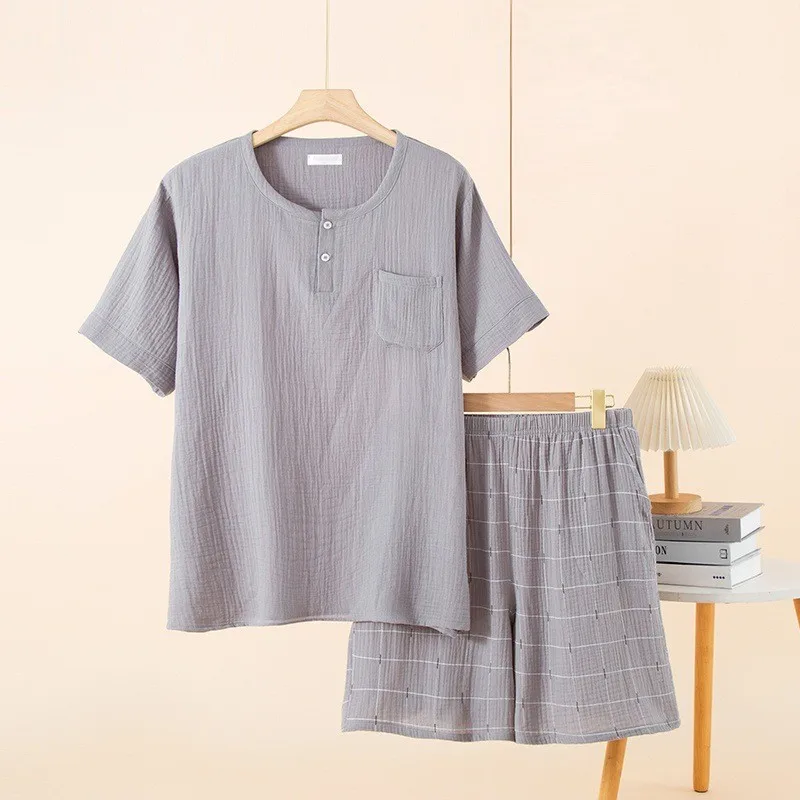 2026 Summer New Men's Double Layer Crepe Gauze Pajama Set Short Seeve 5-point Pants Big Size Casual Homewear Loungewear Set