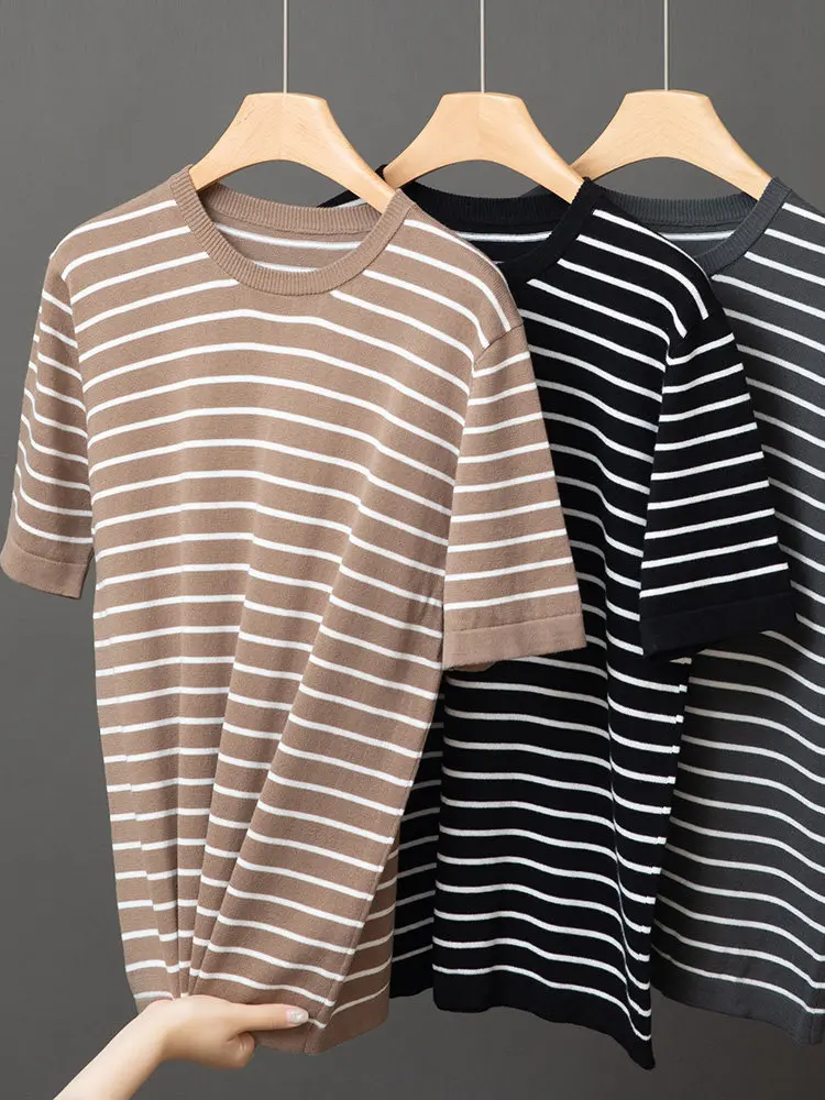 100% cotton knitted short-sleeved T-shirt round neck black and white striped casual half-sleeved bottoming shirt summer top
