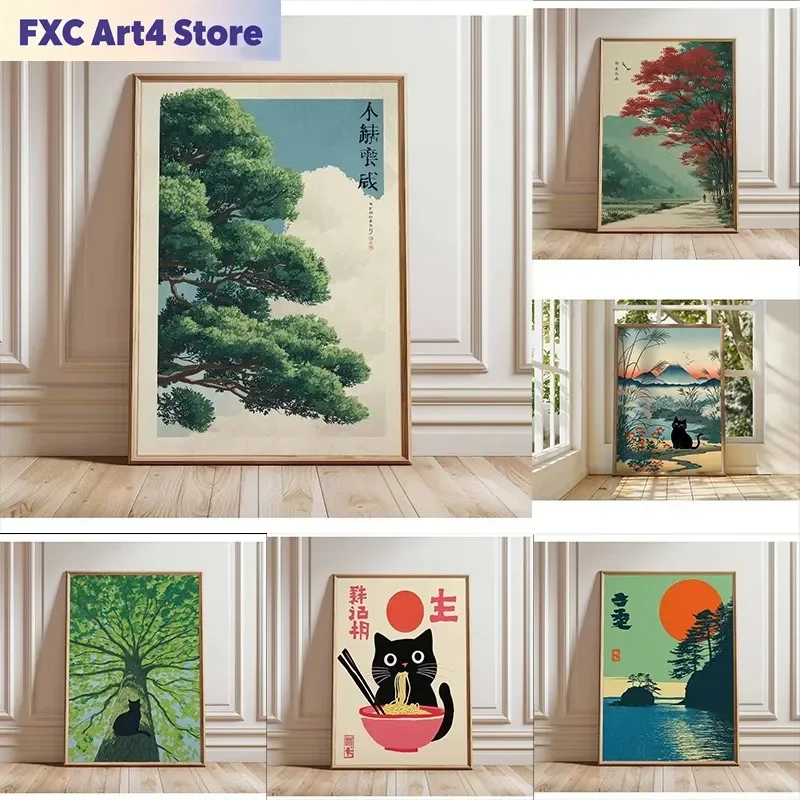 Rahmenloses Retro Japanisches Wald- & Koi-Fisch-Zen-Wassermalerei-Leinwandposter Abstrakte Sonnenwellen Wandkunstdruck für einen friedlichen Wohnraum