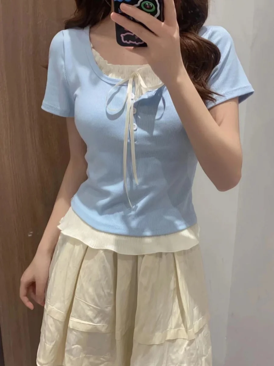 

Женская футболка Sweet Tie-Dye с коротким рукавом, корейский стиль, для повседневной носки, стандартный крой, U-образный вырез, большие размеры