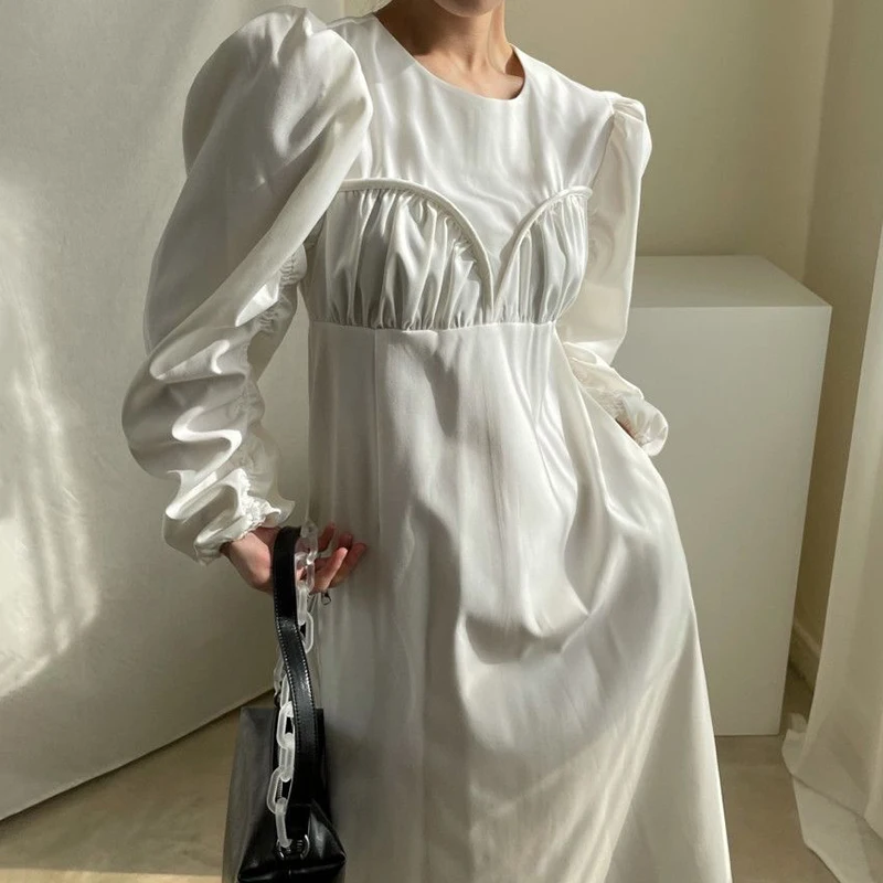 

Solid Woman Dresses Party 2022 Fall Spring Elegant Dress Luxury A-Line Long Sleeve Vintage High Waist Loose Korean Women Vestido