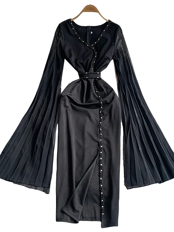 Ele V-ne Long Dr Women's Summer Waist-cinching Ele Flared Sve Dr Luxury Heavy Embelliment Knee-length