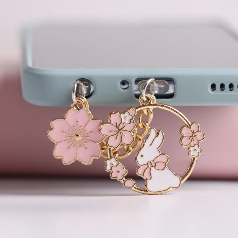 Sakura Rabbit Dust Plug Charm Kawaii Phone Anti Dust Cap Cute Charge Port Plug For iPhone Type C Dust Protection Stopper