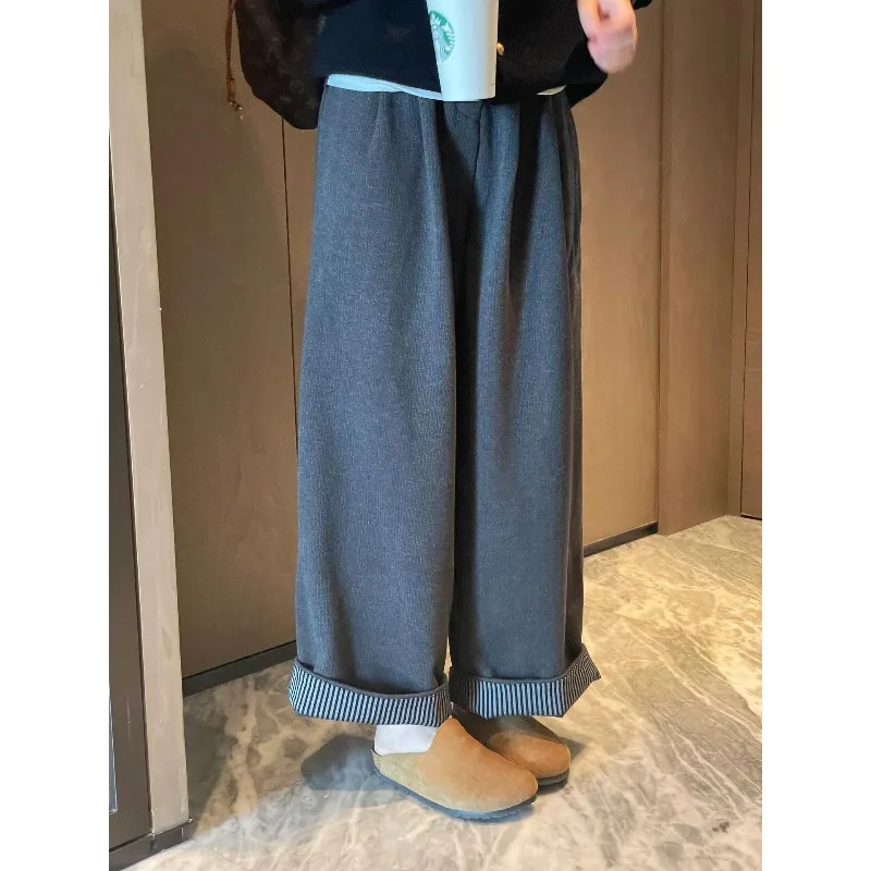 マタニティウール混紡ストレートワイドレッグパンツ-フリース裏地-厚手-お腹サポート-秋冬-妊娠用ロングパンツ