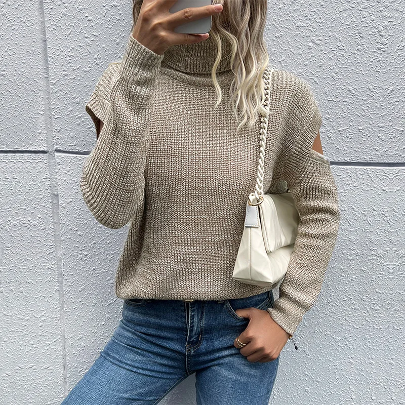 

New Fashion Women High Neck Long Sleeve Solid Color Hollow Off Shoulder Sweater