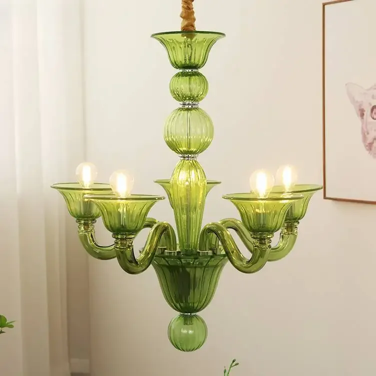 French elegant green glass candle chandelier with American  luxury designer retro living room  lights