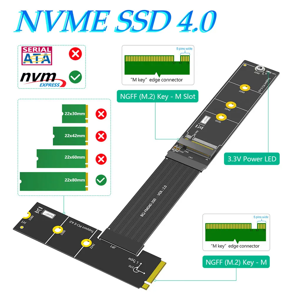 

ADT-Link NVME SSD 4.0 Extension Adapter Card M. 2 M-KEY NVME Laptop External Expansion Card PCI-E 4.0 180° Right Turn Cable
