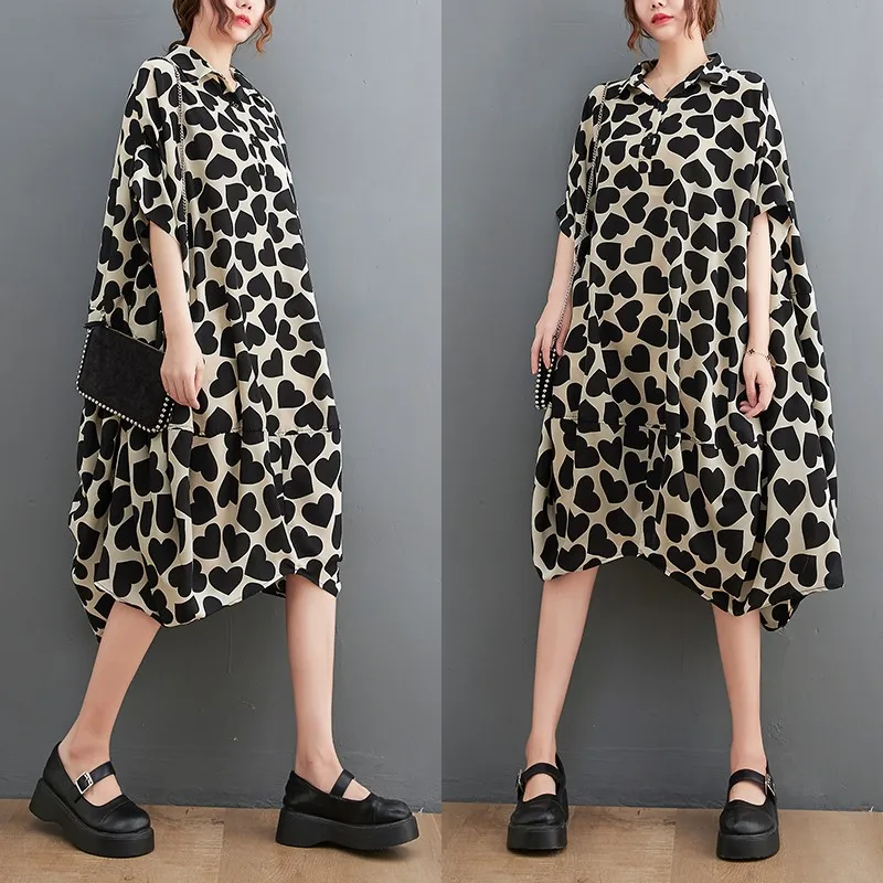 

Summer New plus Size Loose Batwing Sve Floral Print Slimming Dr Thin Heart ape Design Polyester Fiber Long Dr