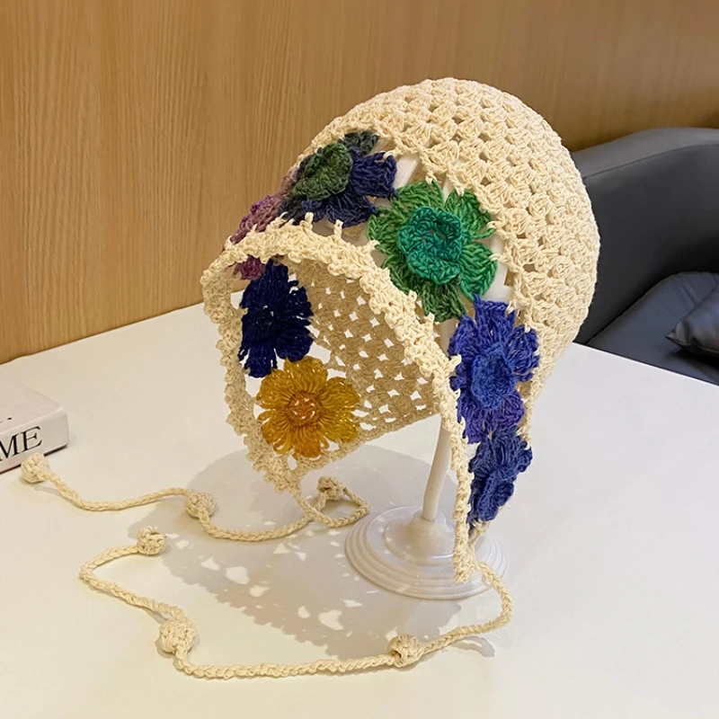 

New Handcrafted Crochet Tassel Hat for Women Hollow Breathable Knitted Hat Small Fresh Color Small Artistic Style Flower Hats