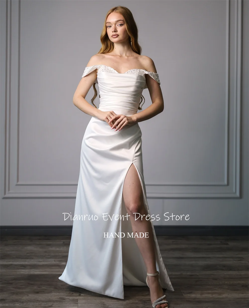 Dianruo Geraffte Mieder Anmutige Brautkleider Off Schulter Asymmetrische Vestido De Noiva Seite Schlitz Abendkleider Angepasst