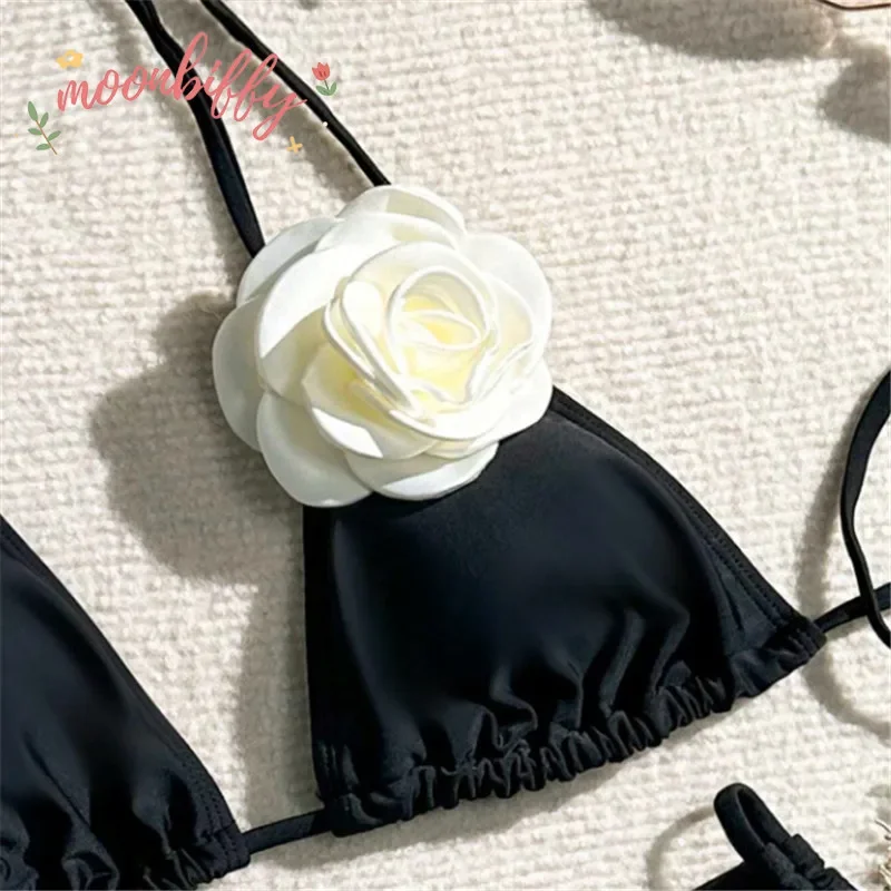 Sexy 3D Flower Black Triangle Bikinis Set Micro Thong Swimsuits Women String Halter Bathing Suit Bikini Mujer Biquinis Swim