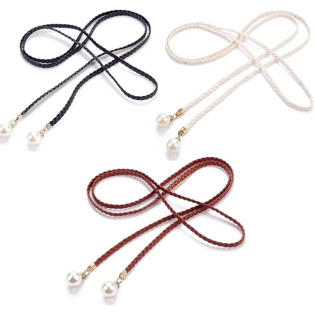Cintura da donna intrecciata con nappe di perle Cintura in tessuto sottile per la schiena del vestito, bianco, smalto (pendente di perle