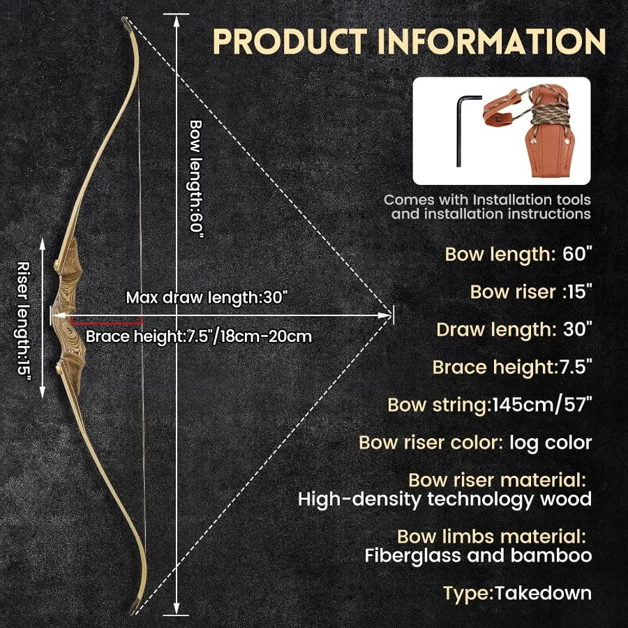 oubert Black Hunter Bow 60 Inch Archery Takedown Recurve Bow 20-60 Lbs Right Hand Hunting Bow with Stringer Tool Wooden Riser A