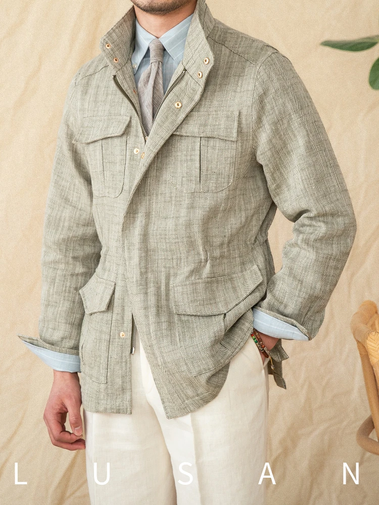 Cotton and Linen Vertical Collar Tight Waist M65 Hunting Jacket Retro All-match Spring and Summer Lightweight Casual Jacket