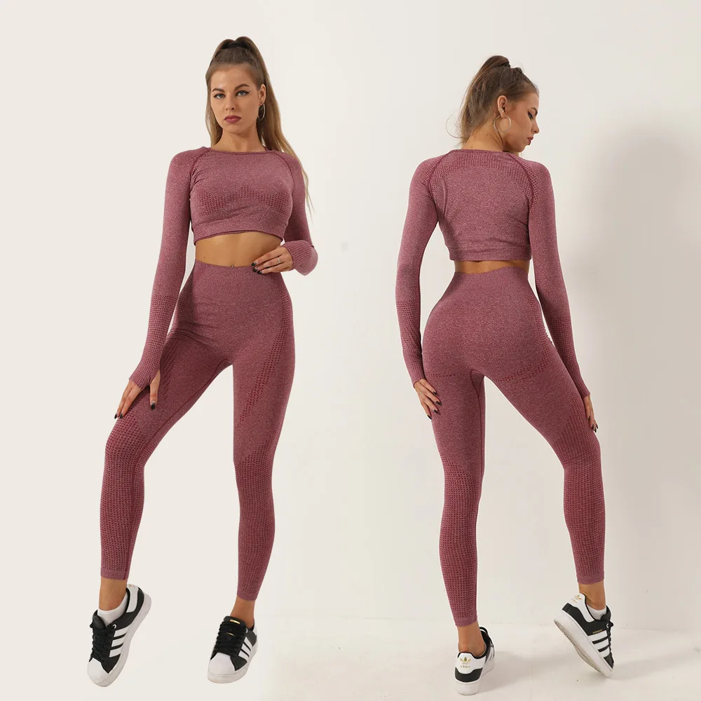 2Pcs Gym Women Sets Seamless Yoga Set High Waist Gym Sportwear Push Up Sport Workout Sets Fitness Long Sleeve Gym Suit