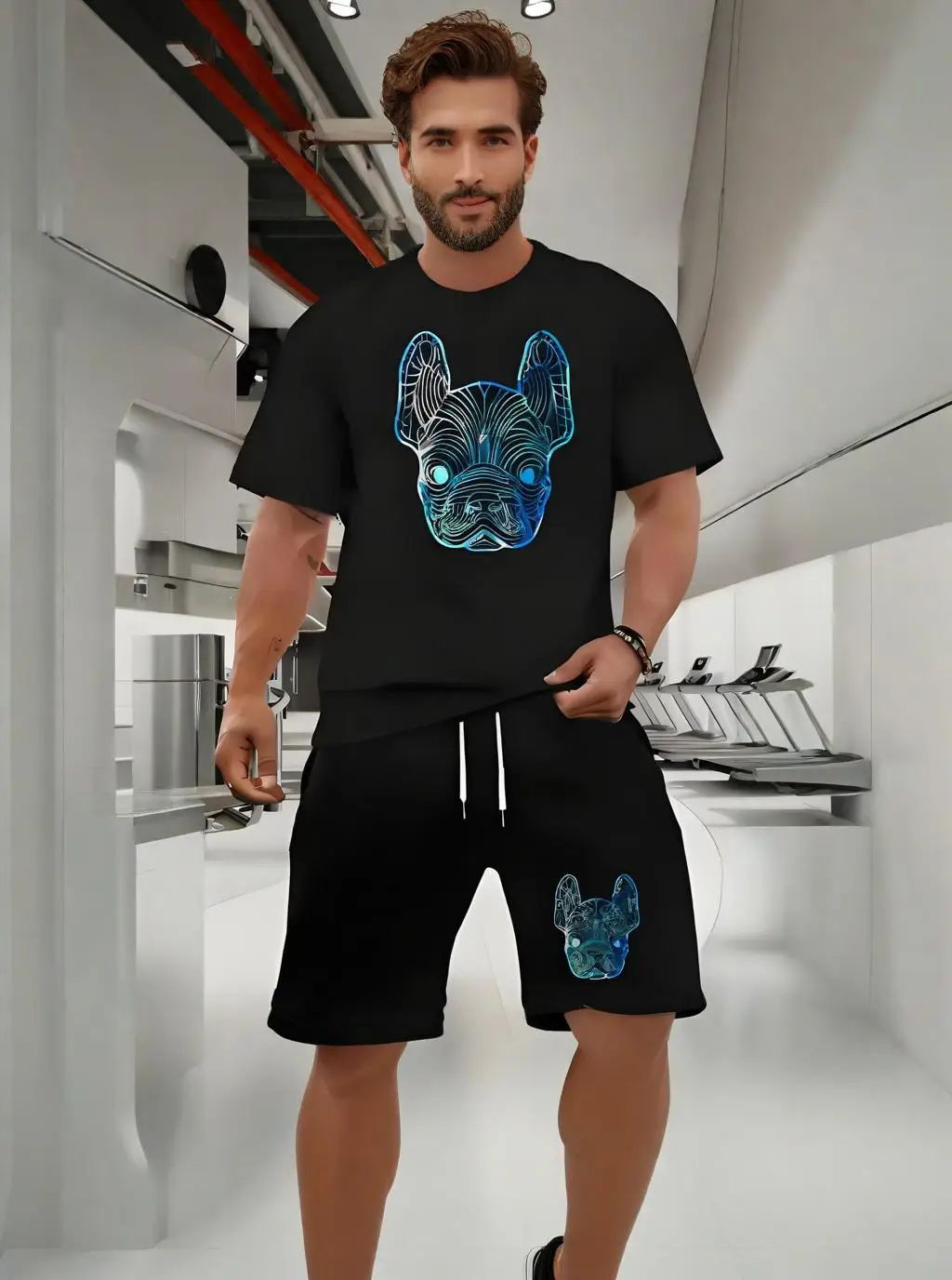 

Men's fashion, summer shorts set, gym set, short sleeved T-shirt, 2-piece set, sportswear, casual, dog head print