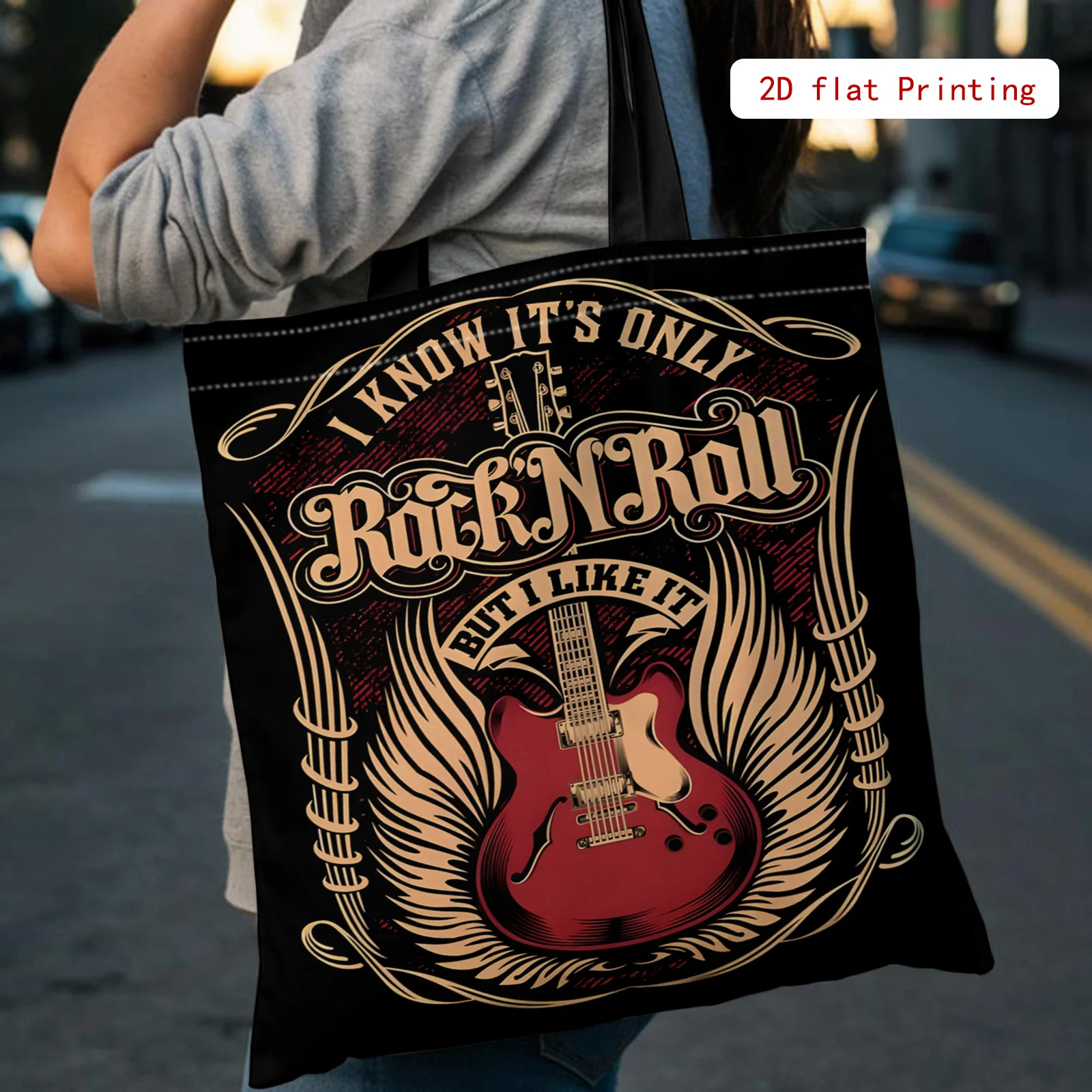 Fashionable Bag, Cool 2D Printed Guitar and Wings Pattern Shoulder Bag A Trendy Choice for Back-to-School Season