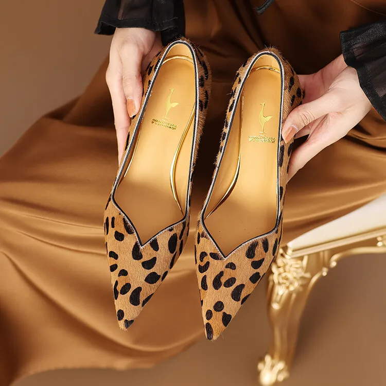 Leopard Horsehair Women Pumps Sexy Pointed Toe Iron High Heels Black Working Sapatos Luxury Design Formal Dress Chaussure Femmes