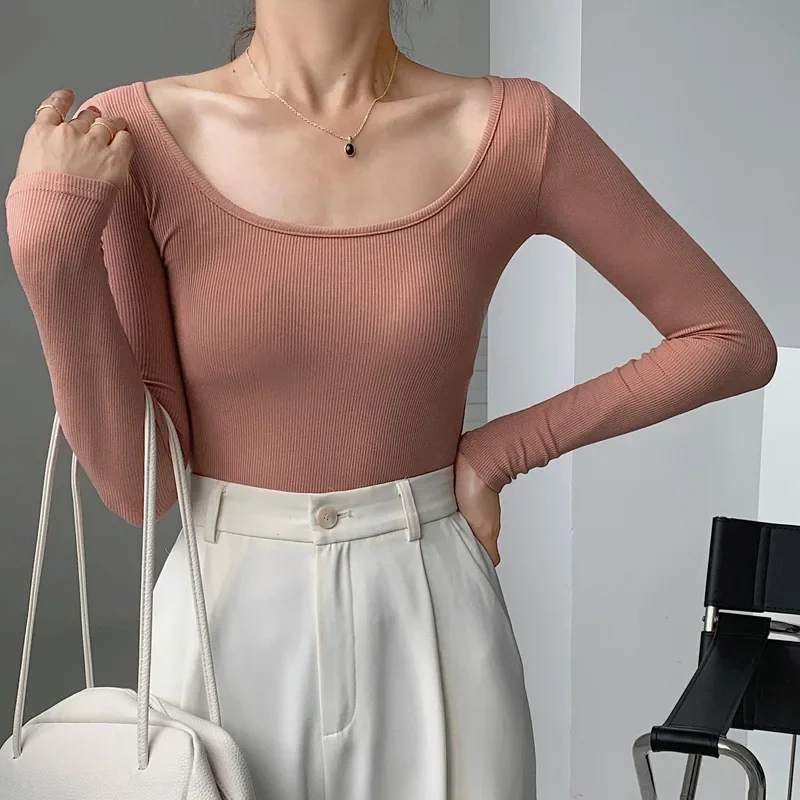 

Women's Tee Shirt Spring Autumn #0409 Stretch Cotton Long Sleeve T Shirt Women U Neck Sexy Skinny Tshirt Female Solid Color
