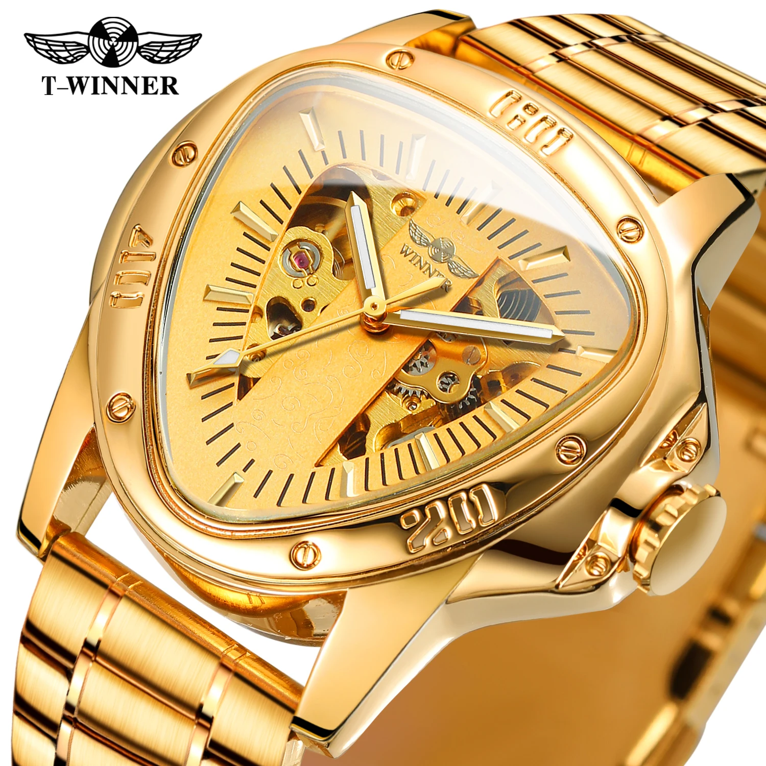 2024 Winner Original Triangle Skeleton Automatic Man Gold Watches Mechanical Sport Stainless Steel High End Luxury Wrist Clock