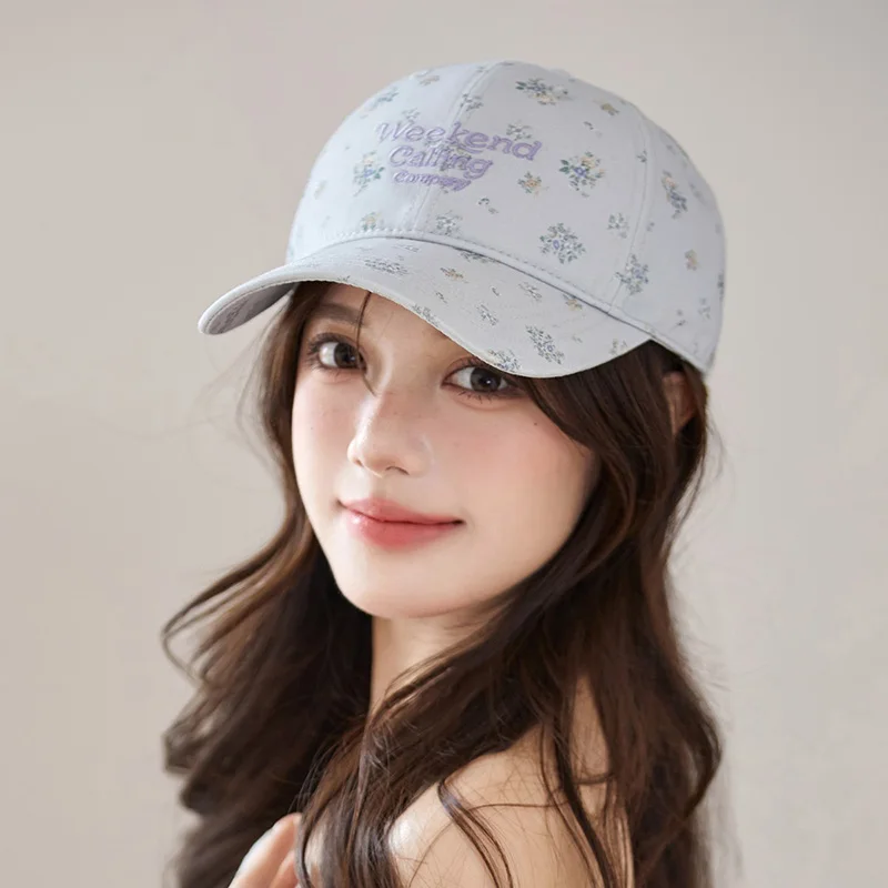 Korean-style fresh floral baseball cap for girls, sweet duckbill hat with embroidered letters, soft top sun hat