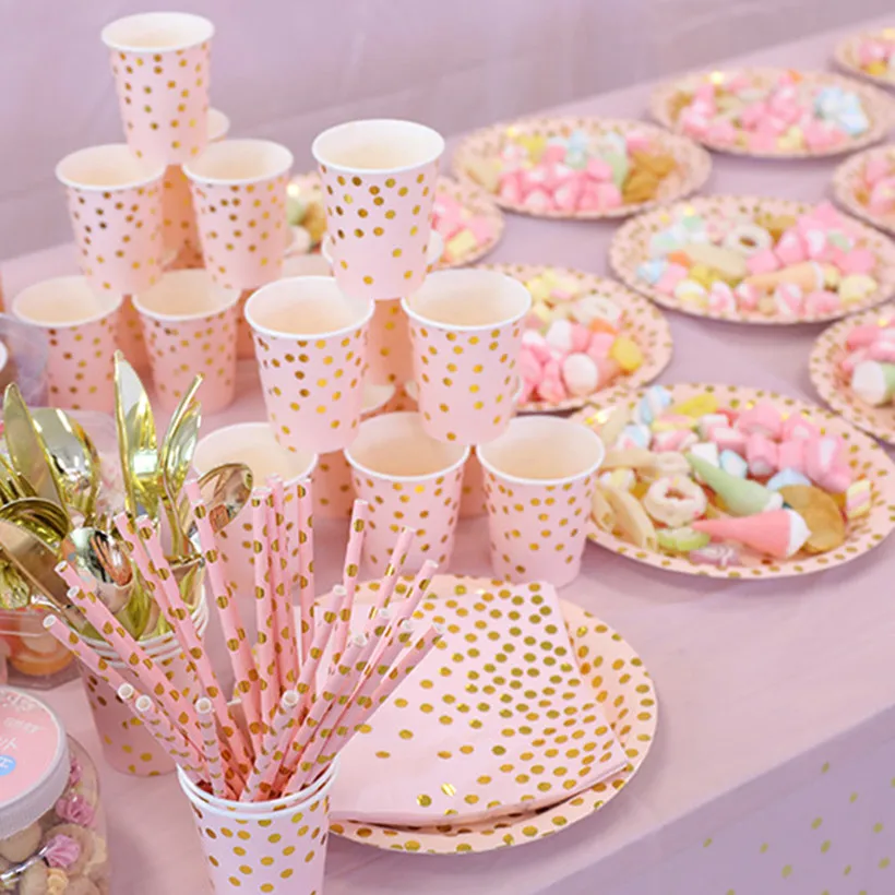 200 PCS Serves 25 Gold Dot Light Pink Tableware Set,Disposable Party Paper Straws Napkins Plates Cups Cutlery Girl Baby Shower