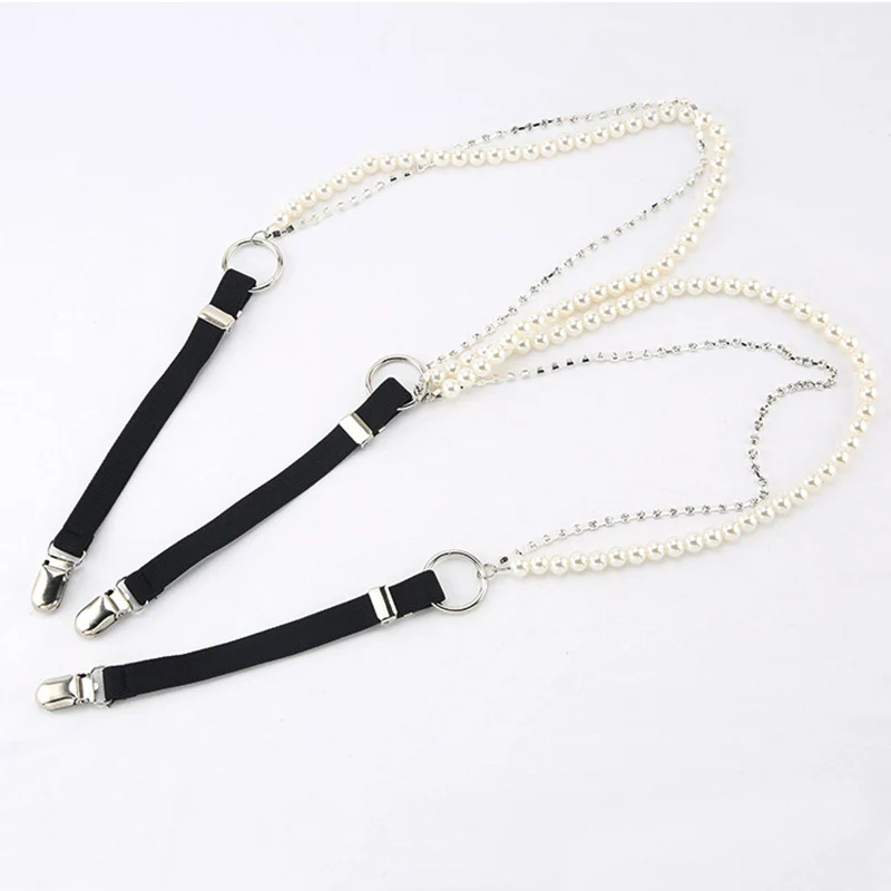 3 Clips Pearl Rhinestone Chain Suspenders Belt for Women Elastic Trousers Pants Tights Strap Garter Adjustable