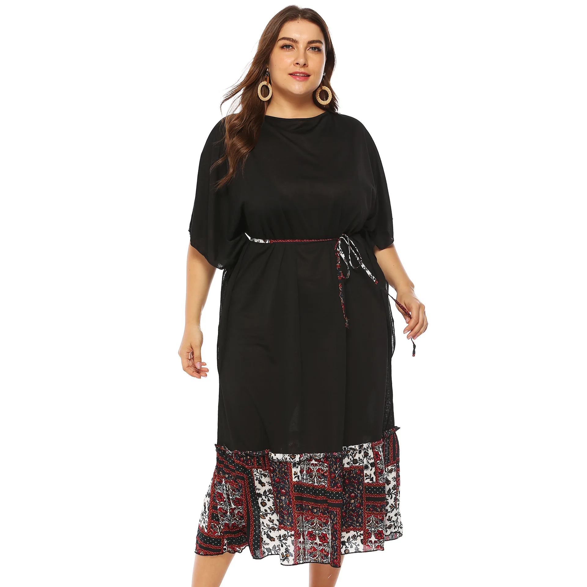 

Plus-size Spring and Summer Bestseller Batwing Sleeve Retro Print Long Dress with Spliced Waist Cinch Belt Black Dress