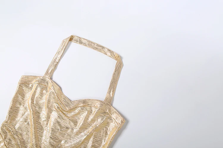 Kliou Sexy Glänzendes Gold-Minikleid für Damen, Neckholder, Tiefer Ausschnitt, Rückenfrei, Ärmellos, Figurbetont, Pfirsichfarben, Hüftbetont, Nachtclub-Party-Mode, Bodycon – Detail 6