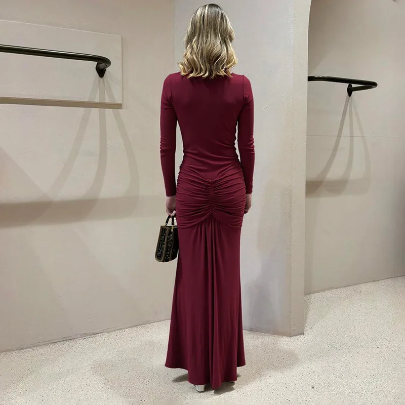 Blifanbo Abito lungo sexy con scollo a V a maniche lunghe Donna Nastro aderente Autunno Inverno Vita alta increspato Club Party Abito lungo elegante