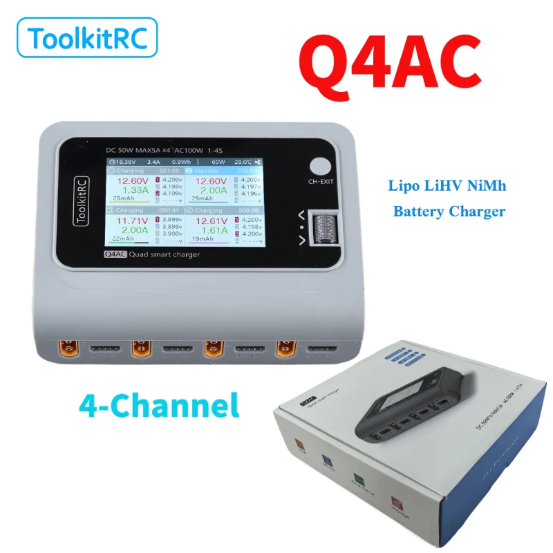 

Зарядное устройство ToolkitRC Q4AC 3S для LiPo аккумуляторов радиоуправляемых машин с адаптерами XT60 XT30, 4-портовый интеллектуальный разрядник постоянного тока 4x50W 5A, 100W переменного тока