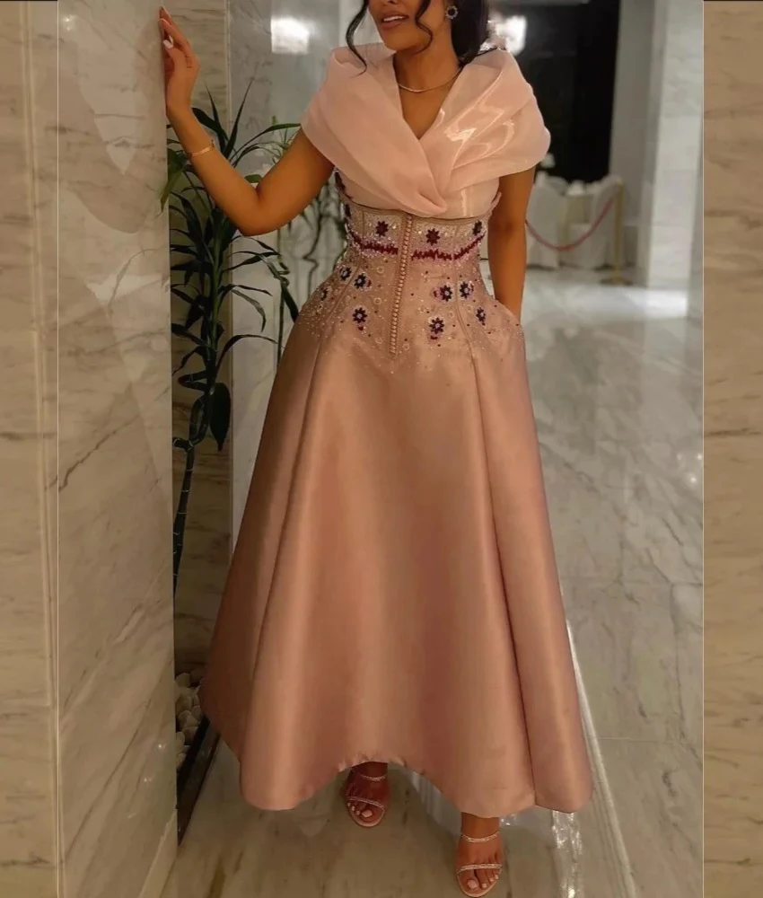 

Customized Graceful Satin A-Line Crystal Flowers Evening Dress Temperament V-Neck Short Sleeves Ankle Length After Party Dress