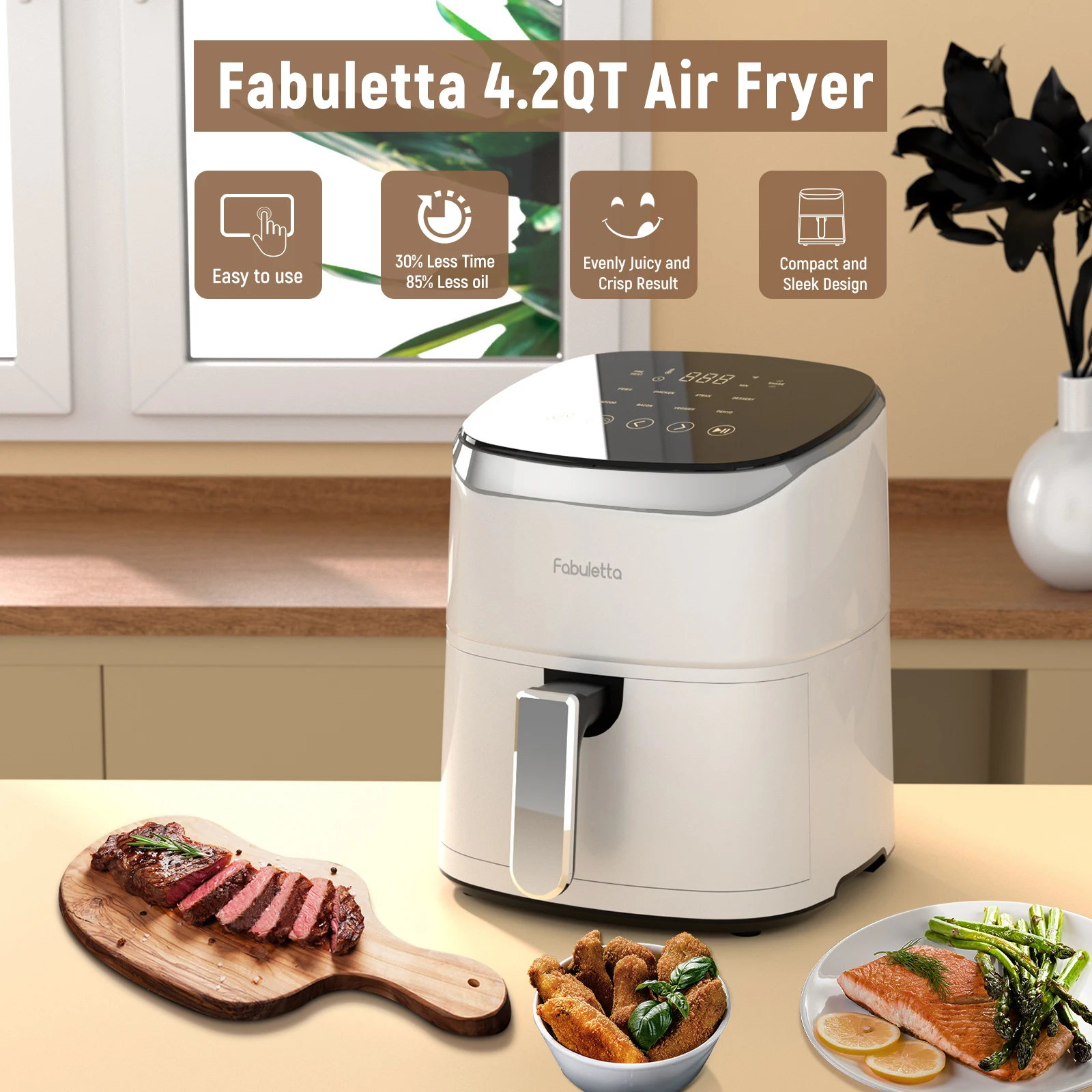 Air Fryer, Fabuletta 4.2QT Air Fryer Oven With 9 Customizable Cooking Programs,Tempered Glass Display, Dishwasher-Safe Nonstick