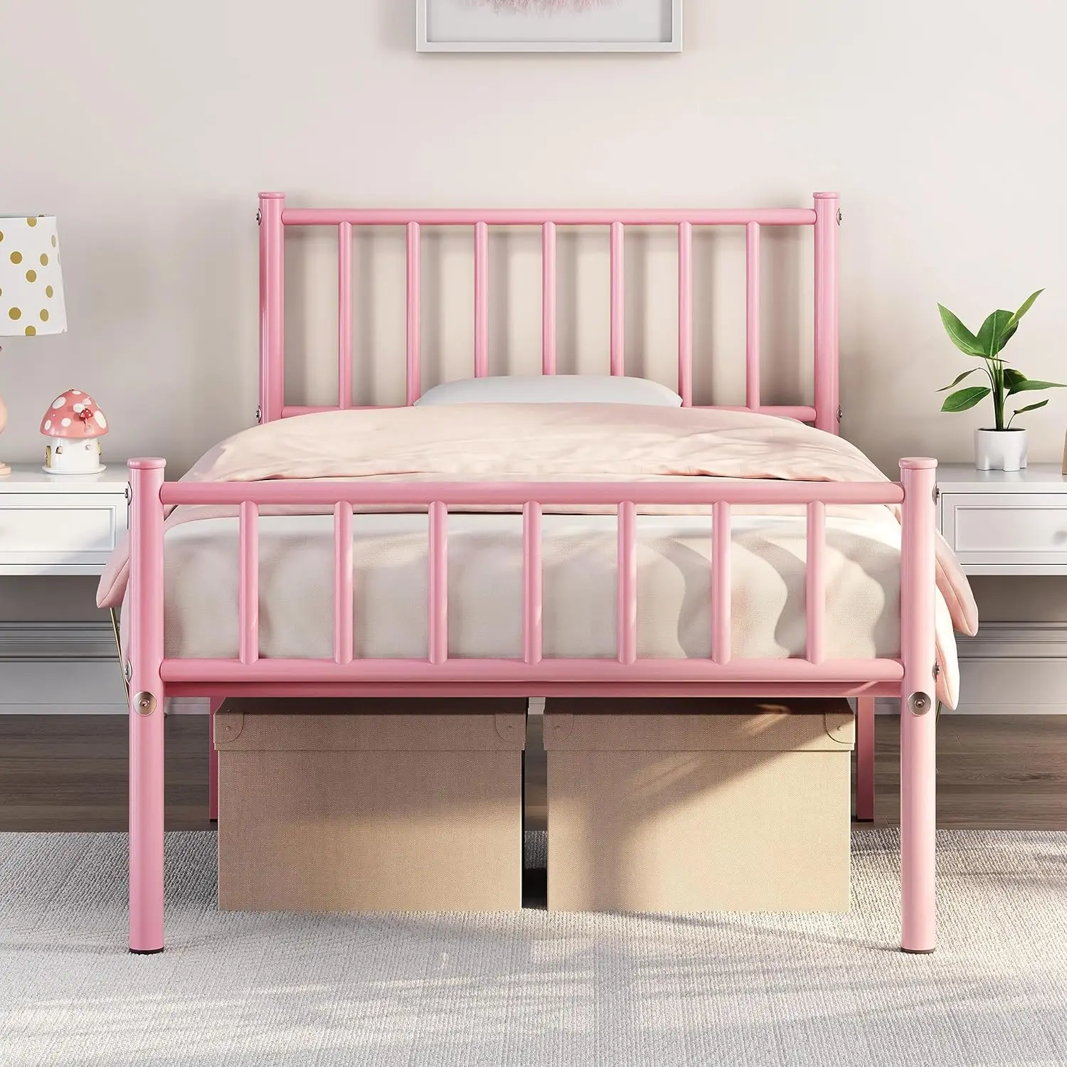 Double layered bed frame metal platform bed frame mattress, 14 inches/sturdy support and easy to set structure, pink