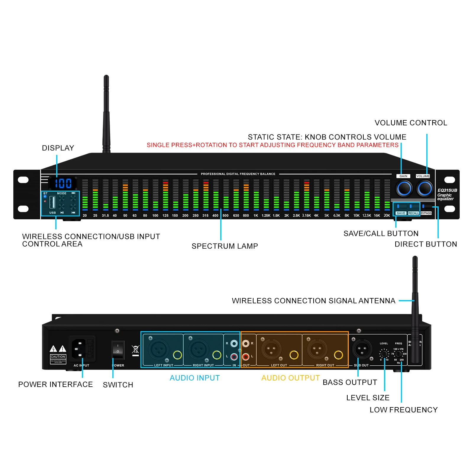 Equalizador digital eq31sub, sintonizador de 31 estágios, desempenho profissional, redução de ruído, processamento de áudio