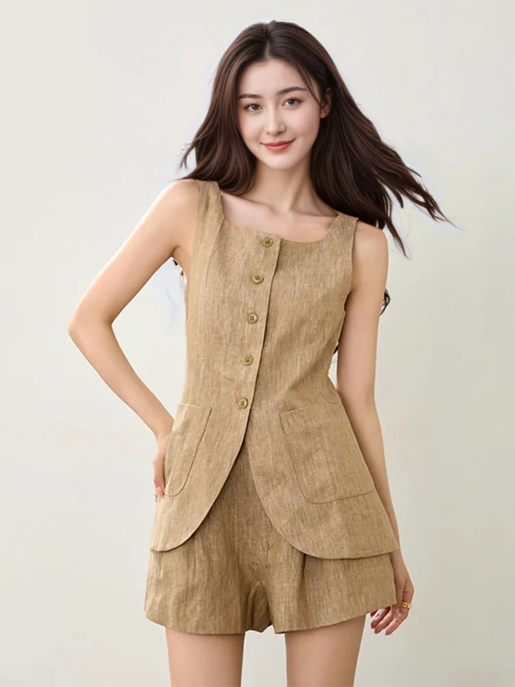 

Лето 2022, женский льняной жилет без рукавов с квадратным воротником, шорты, комплект из двух предметов, утягивающий сухой дышащий модный костюм