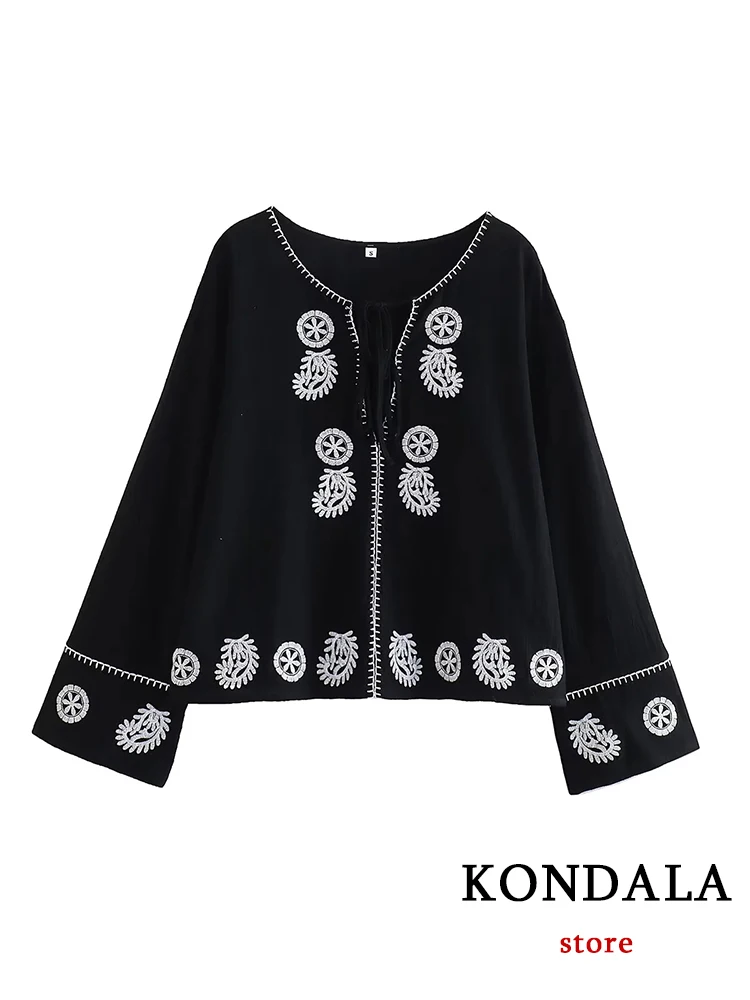 KONDALA Vintage Black Embroidery 100% Cotton Shirts Women Long Sleeve V Neck Oversized Shirts Female Fashion 2023 Summer Tops